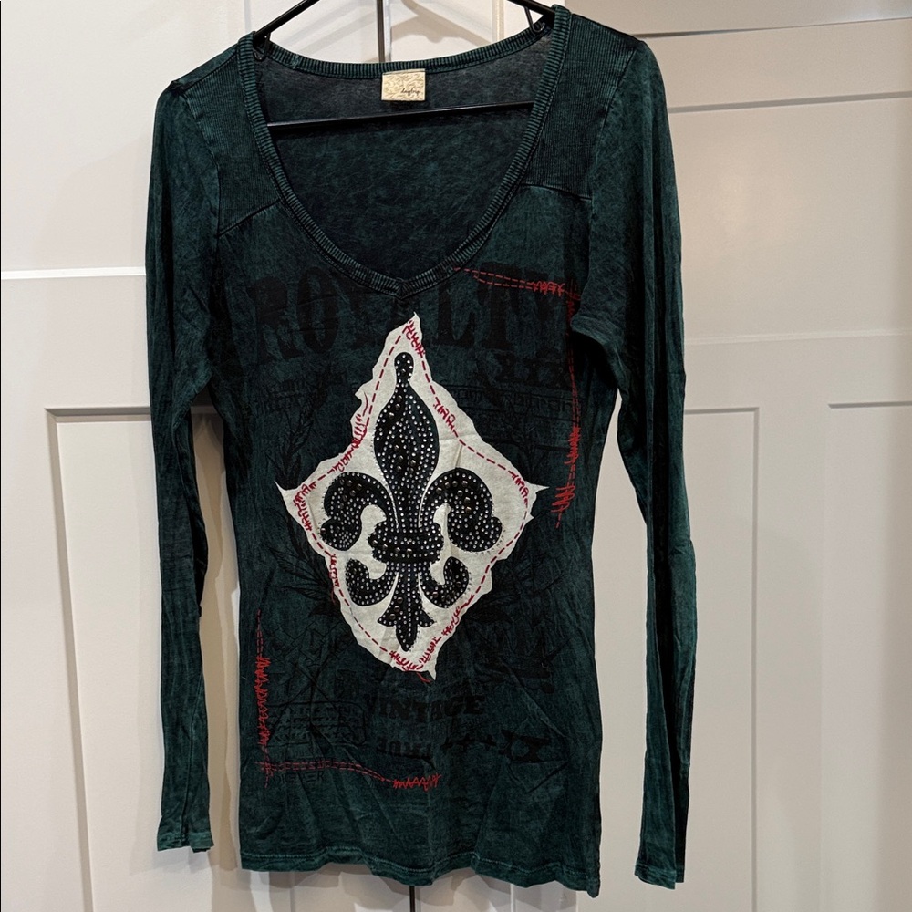 Women's Dark Teal Long-Sleeve Graphic Top with Fleur-de-Lis